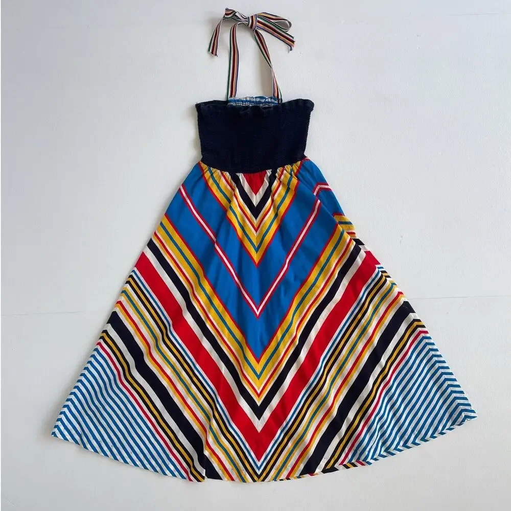 Vtg 70s Chevron Ruched Halter Sun Dress / XXS Women / Girls / Handmade Retro